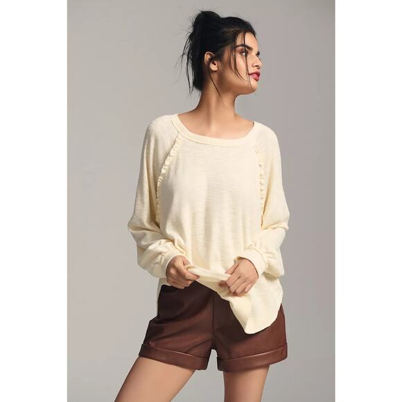 Pilcro Anthropologie Ruffled Raglan Thermal Top in Ivory Size Medium - Picture 1 of 6